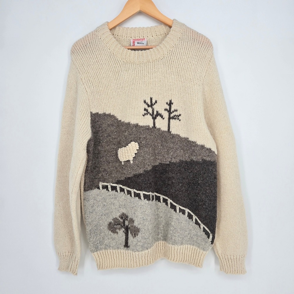 Vintage 100% Wool New Zealand Sheep Cottagecore Knit Sweater Mens 42 Cream Gray
